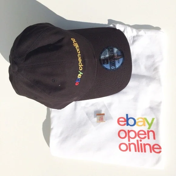 eBay Open Online T-shirt White size M and Baseball Cap Black Adjustable Pin - Picture 2 of 7